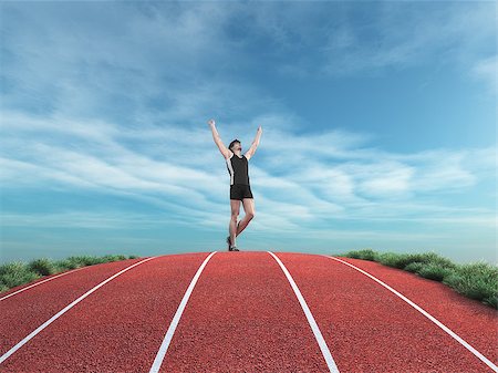Athlete runner rises his hands to the sky on a running track, suggest victory. This is a 3d render illustration Stock Photo - Budget Royalty-Free & Subscription, Code: 400-08789185