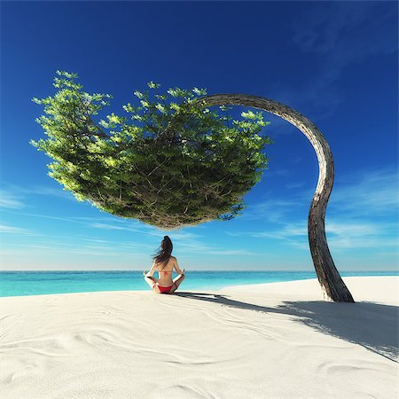 Young woman practicing yoga at seashore under a tree. This is a 3d render illustration Stock Photo - Budget Royalty-Free & Subscription, Code: 400-08789186