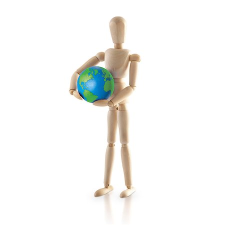 eco travel - Standing Wood model carry the world on white background Foto de stock - Super Valor sin royalties y Suscripción, Código: 400-08789598