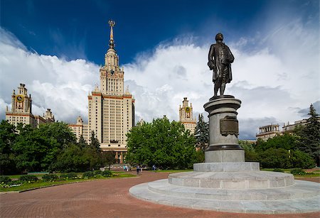 soviet style - Lomonosov Moscow State University - MSU. Main building and Lomonosov monument. MSU is one of Seven Sisters. The Seven Sisters are a group of seven skyscrapers in Moscow designed in the Stalinist style Stock Photo - Budget Royalty-Free & Subscription, Code: 400-08789663