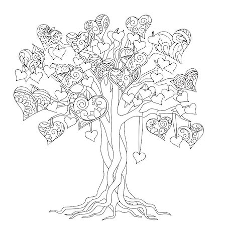 flowers sketch for coloring - hand drawn decorated tree of love in boho ethnic style. Image for  antistress adult coloring book, decorate bags, tunics, dress. eps 10. Stock Photo - Budget Royalty-Free & Subscription, Code: 400-08789787