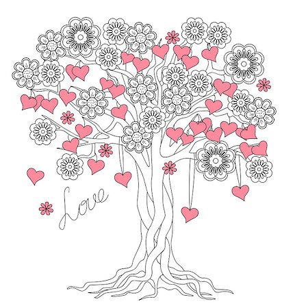 flowers sketch for coloring - hand drawn decorated tree of love in boho ethnic style. Image for valentine day card, antistress adult coloring book, decorate bags, tunics, dress. eps 10. Stock Photo - Budget Royalty-Free & Subscription, Code: 400-08789788