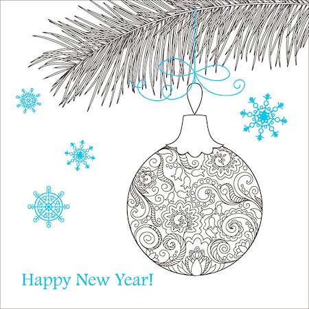 Festive card with Christmas ball, decorated hand drawn doodle tangled flowers and snowflake, isolated on the white and text Happy New Year. Image can be used for adult coloring books. eps 10 Stock Photo - Budget Royalty-Free & Subscription, Code: 400-08789803