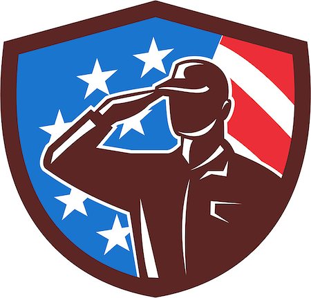 simsearch:400-07116843,k - Illustration of an american soldier serviceman silhouette saluting set inside shield crest with usa flag stars and stripes in the background done in retro style. Foto de stock - Super Valor sin royalties y Suscripción, Código: 400-08780219