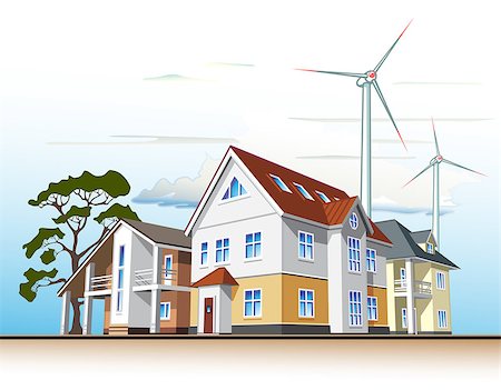 pavelmir (artist) - Individual residential houses. Suburban homes or cottages. Wind power plant Stockbilder - Microstock & Abonnement, Bildnummer: 400-08780263