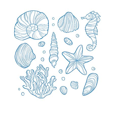 simsearch:400-05907297,k - Set seashell, coral, seahorse, starfish and rocks isolated on white background. Hand drawn style. Art vector illustration. Stock Photo - Budget Royalty-Free & Subscription, Code: 400-08794156