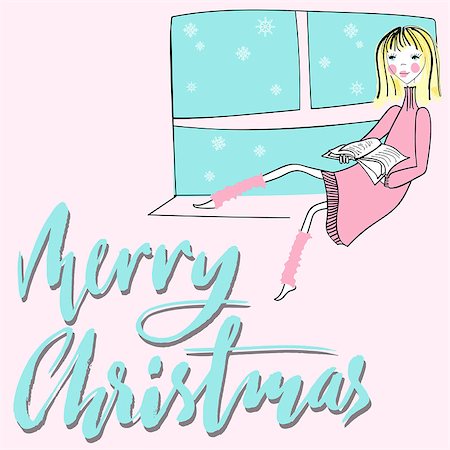 snowflakes on window - Girl sitting on the window-sil and read book. Merry Christmas lettering. EPS10. Vector illustration. Foto de stock - Super Valor sin royalties y Suscripción, Código: 400-08794210