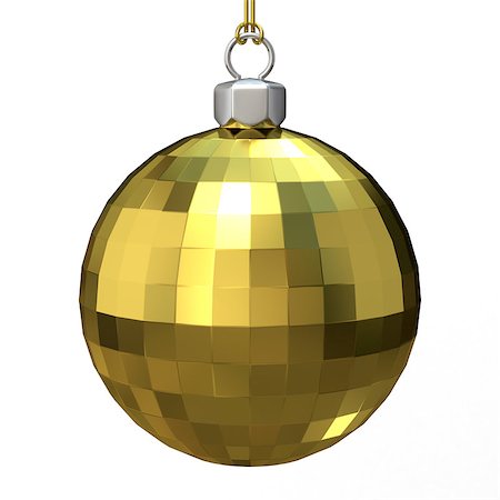 round ornament hanging of a tree - Gold Christmas ball. 3D render illustration isolated on white background Stock Photo - Budget Royalty-Free & Subscription, Code: 400-08794335