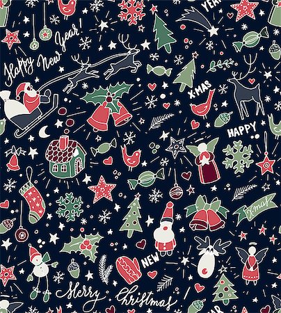 Sketchy doodle winter Christmas and New Year pattern, vector illustration Foto de stock - Super Valor sin royalties y Suscripción, Código: 400-08794375