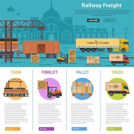 simsearch:400-09154573,k - Railway Freight infographics with flat Icons Set like train, delivery, station, truck, rails and forklift. vector illustration Foto de stock - Super Valor sin royalties y Suscripción, Código: 400-08794396