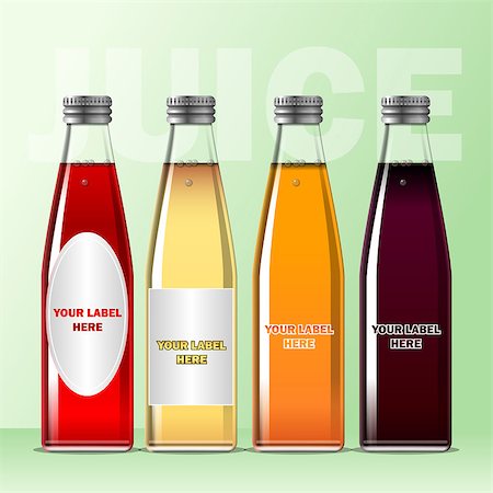 Vector set of transparent glass or plastic orange, burgundy, yellow and red liquid bottle with caps for juice mockup ready for your design Stock Photo - Budget Royalty-Free & Subscription, Code: 400-08794405