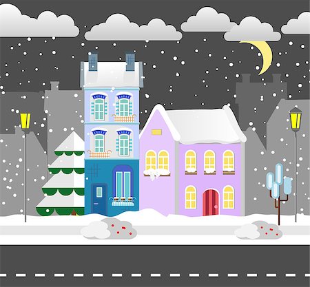 ski cartoon color - Flat style winter house. Urban. Vector illustration. Snowfall background. Flat design winter card Stock Photo - Budget Royalty-Free & Subscription, Code: 400-08794526
