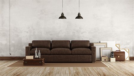 empty suitcase - Retro living room with leather sofa - 3d rendering Foto de stock - Super Valor sin royalties y Suscripción, Código: 400-08794674