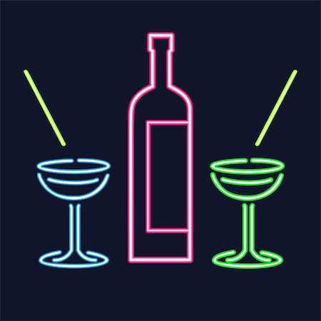 Vector bottle of alcohol and glasses isolated. Neon bright colorful outlines on dark background. Banner, flyer for bar, restaurant, cafe, pub, disco, wine card, menu, map Stock Photo - Budget Royalty-Free & Subscription, Code: 400-08794861