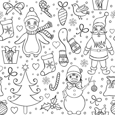 Vector illustration of seamless christmas pattern.Coloring page for children and adult. Stock Photo - Budget Royalty-Free & Subscription, Code: 400-08794914