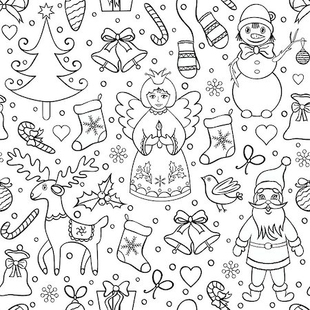 Vector illustration of seamless christmas pattern.Coloring page for children and adult. Stock Photo - Budget Royalty-Free & Subscription, Code: 400-08794913