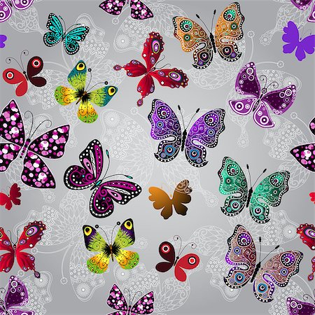 simsearch:400-05892168,k - Seamless gray gradient pattern with bright colorful and white lace butterflies, vector Stock Photo - Budget Royalty-Free & Subscription, Code: 400-08794938