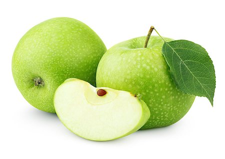 simsearch:400-08796295,k - Ripe green apples with leaf and slice isolated on white background with clipping path Fotografie stock - Microstock e Abbonamento, Codice: 400-08795099