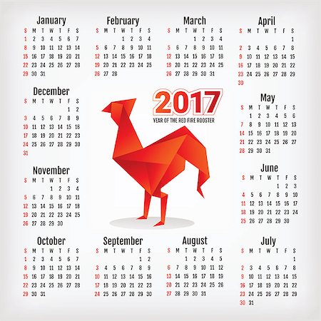 2017 year calendar with Chinese symbol of the year - rooster, vector illustration Stock Photo - Budget Royalty-Free & Subscription, Code: 400-08795102