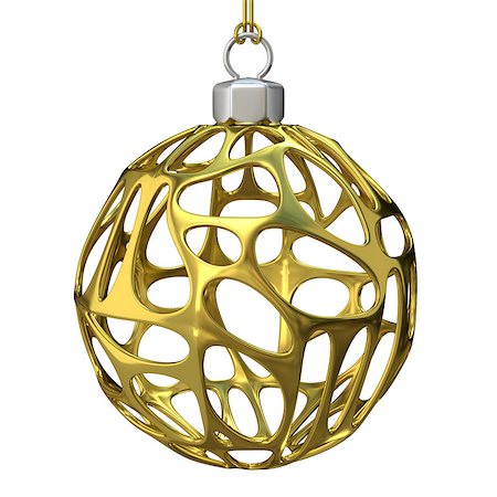 round ornament hanging of a tree - Gold perforated Christmas ball. 3D render illustration isolated on white background Stock Photo - Budget Royalty-Free & Subscription, Code: 400-08795139