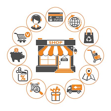 simsearch:400-08133411,k - Online internet shopping concept with Two Color flat Icons Set for e-commerce marketing and advertising with shop, delivery, sale and goods. Isolated vector illustration Foto de stock - Royalty-Free Super Valor e Assinatura, Número: 400-08795207