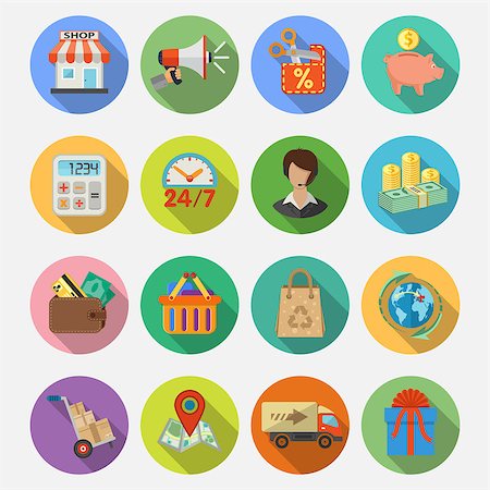 simsearch:400-08133385,k - Internet Shopping, Delivery and Cargo Detailed Flat Icon Set for e-commerce with money, truck, gift symbols on colored circles with Long Shadows. Vector illustration Fotografie stock - Microstock e Abbonamento, Codice: 400-08795215