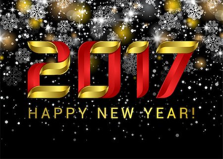 Happy new year 2017. Black space abstraction. Happy new year card. Gold template over black background with golden lights. Vector illustration. Stockbilder - Microstock & Abonnement, Bildnummer: 400-08795744
