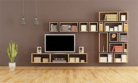 elegant tv room - Brown living room with wooden bookcase and home cinema system - 3d rendering Foto de stock - Super Valor sin royalties y Suscripción, Código: 400-08795773