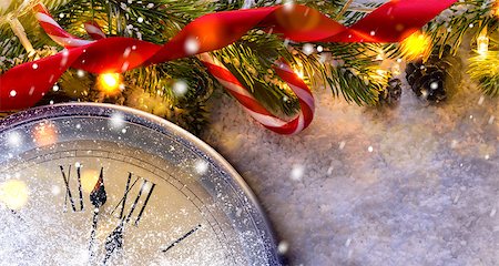 Countdown to midnight. Retro style clock counting last moments before Christmas or New Year 2017 next to decorated fir tree. View from above. Stock Photo - Budget Royalty-Free & Subscription, Code: 400-08795886