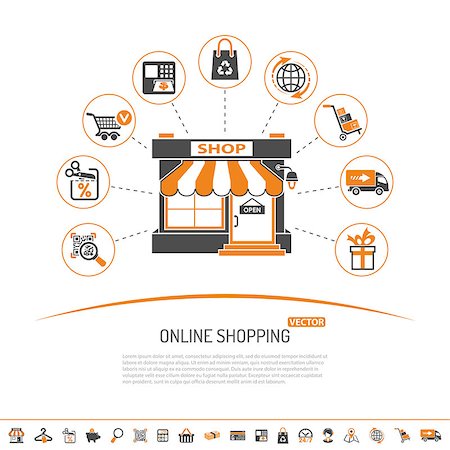 simsearch:400-08133409,k - Online internet shopping concept with Two Color flat Icons Set for business marketing and advertising with shop, delivery, sale and goods. Isolated vector illustration Foto de stock - Super Valor sin royalties y Suscripción, Código: 400-08796005