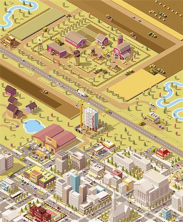 Vector isometric low poly farm and city. Illustration of the farm buildings and machinery harvesting the fields, trucks delivering produces to the farmer store, produce warehouse, and supermarket Photographie de stock - Aubaine LD & Abonnement, Code: 400-08796280