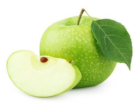 simsearch:400-08796295,k - Ripe green apple with leaf and slice isolated on white background with clipping path Fotografie stock - Microstock e Abbonamento, Codice: 400-08796294