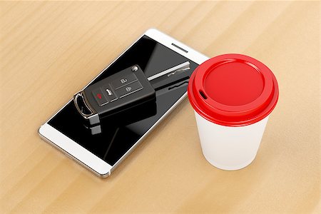 Smartphone, car key and coffee cup on wooden table Stock Photo - Budget Royalty-Free & Subscription, Code: 400-08796611