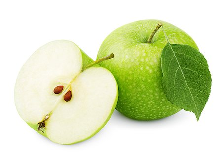 simsearch:400-08796295,k - Whole ripe green apple with leaf and half isolated on white background with clipping path Fotografie stock - Microstock e Abbonamento, Codice: 400-08796654