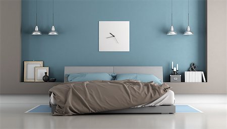Blue and brown modern bedroom with double bed - 3d rendering Stock Photo - Budget Royalty-Free & Subscription, Code: 400-08796799