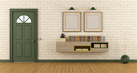simsearch:400-06797947,k - Home entrance with colosed front door and sideboard on brick wall - 3d rendering Stock Photo - Budget Royalty-Free & Subscription, Code: 400-08796804