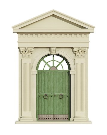 simsearch:400-04691130,k - Front view of a classic arch with Corinthian column, triangular tympanum and front door isolated on white - 3d Rendering Photographie de stock - Aubaine LD & Abonnement, Code: 400-08796806