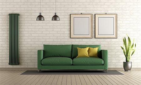 simsearch:400-08797073,k - Modern living room with green sofa and vertical heater on brick wall - 3d rendering Photographie de stock - Aubaine LD & Abonnement, Code: 400-08796802