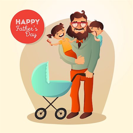 Father Day vector concept. Illustration with happy family father, daughter, son and small baby in the cradle. Hipster man with his children. Stock Photo - Budget Royalty-Free & Subscription, Code: 400-08796811