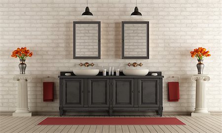 Bathroom in classic style with double sink and brick wall - 3d rendering Stock Photo - Budget Royalty-Free & Subscription, Code: 400-08797065