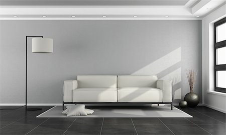 Minimalist living room with white sofa, gray wall and black floor - 3d rendering Stock Photo - Budget Royalty-Free & Subscription, Code: 400-08797067