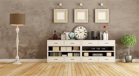 Retro room with white sideboard and vintage objects - 3d rendering Stock Photo - Budget Royalty-Free & Subscription, Code: 400-08797068