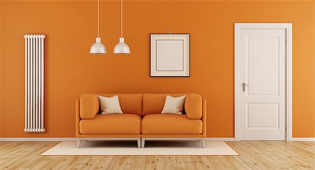 simsearch:400-08797073,k - Orange living room with modern couch,closed door and vertical heater-3d rendering Photographie de stock - Aubaine LD & Abonnement, Code: 400-08797072