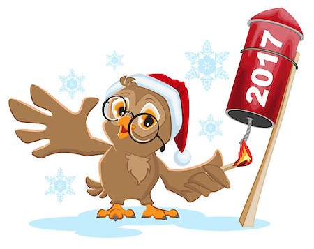 firecracker rocket - Owl Santa lights rocket fireworks 2017. Isolated on white vector cartoon illustration Stock Photo - Budget Royalty-Free & Subscription, Code: 400-08790060