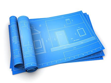 3d illustration of rolled blueprints of house Stock Photo - Budget Royalty-Free & Subscription, Code: 400-08790361
