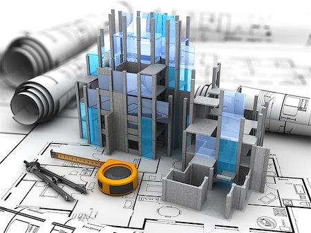 abstract 3d illustration of construction site over blueprints background Stock Photo - Budget Royalty-Free & Subscription, Code: 400-08790391