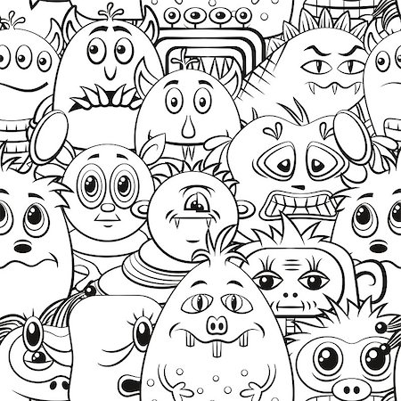 simsearch:400-08752377,k - Seamless Background for your Design with Different Cartoon Contour Monsters, Black and White Tile Pattern with Cute Funny Characters. Vector Stockbilder - Microstock & Abonnement, Bildnummer: 400-08790794