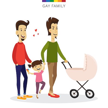 Vector gay couple love concept. Gay family of two men, daughter and baby in the cradle. Romantic illustration. Stock Photo - Budget Royalty-Free & Subscription, Code: 400-08791133