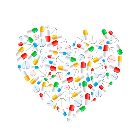 A lot of different colourful pills in heart shape isolated on white Stock Photo - Budget Royalty-Free & Subscription, Code: 400-08791213