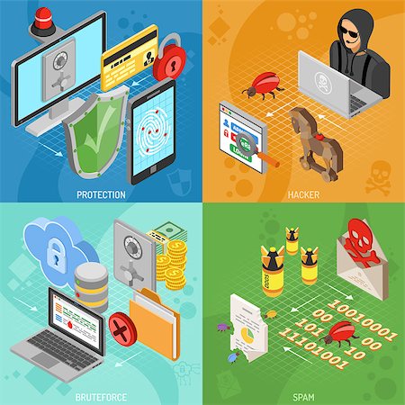 simsearch:400-07748651,k - Internet security square banners with isometric flat icons like hacker, virus, antivirus, protection and spam. vector illustration. Photographie de stock - Aubaine LD & Abonnement, Code: 400-08791439